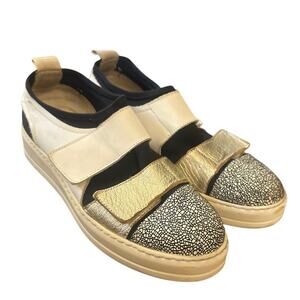 Women 38 7.5 Manas Leather Sneakers Shoes Adjustable Straps White Gold Italian